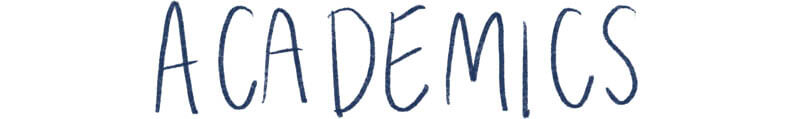 An illustration of handwritten text that says academics