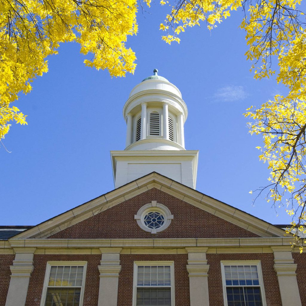 A photo of Stevens Hall with fall leaves