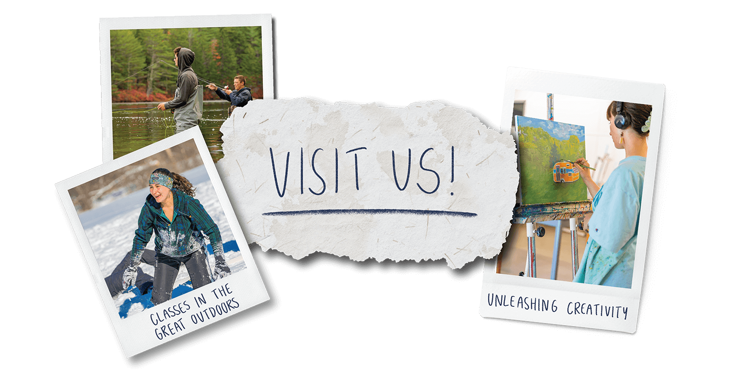 A collage that shows photos of people playing in the snow. fly fishing, and three people on mountain bikes, and the words visit today.